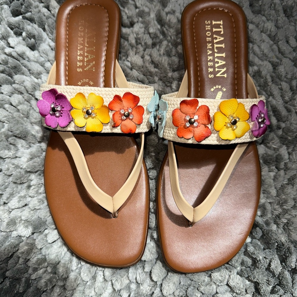 Italian Shoemakers Floral Sandals – Made in Italy – Colorful Flower Thong Wedge